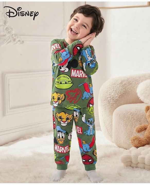 Babyhug Disney Single Jersey Knit Full Sleeves Co-ord Night Suit With Disney Character Print - Olive Green