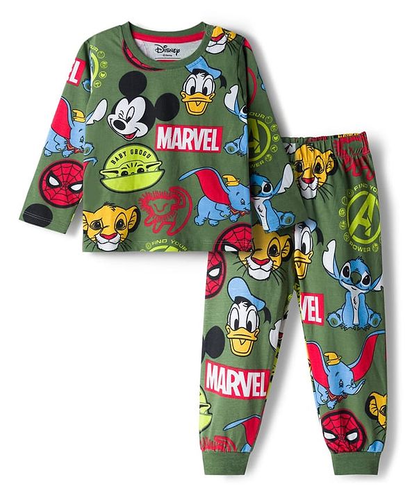 Babyhug Disney Single Jersey Knit Full Sleeves Co-ord Night Suit With Disney Character Print - Olive Green