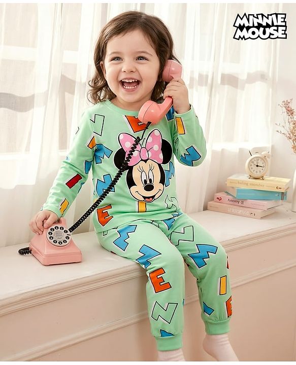 Babyhug Disney Single Jersey Knit Full Sleeves Night Suit With Minnie Mouse Graphics - Light Green