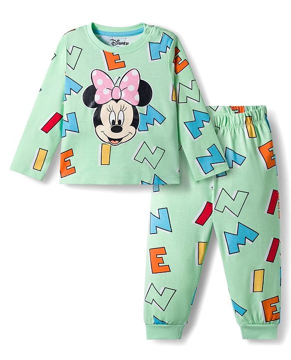 Babyhug Disney Single Jersey Knit Full Sleeves Night Suit With Minnie Mouse Graphics - Light Green
