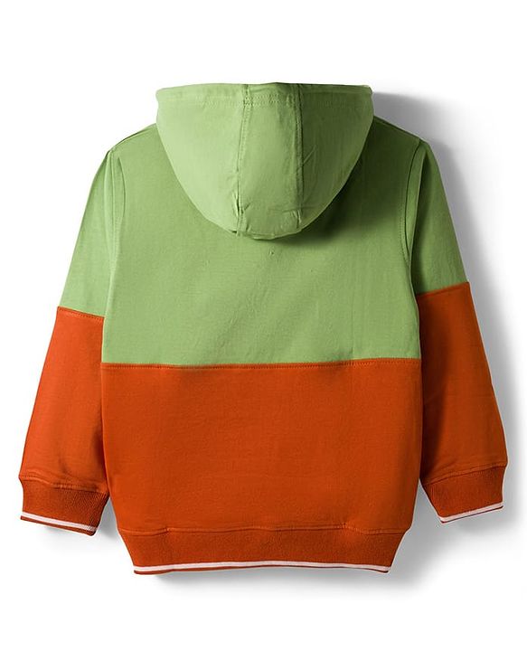 Pine Kids Cotton Knit Full Sleeves Hooded Sweatshirt With RMX Print & Kangaroo Pockets - Green & Rust