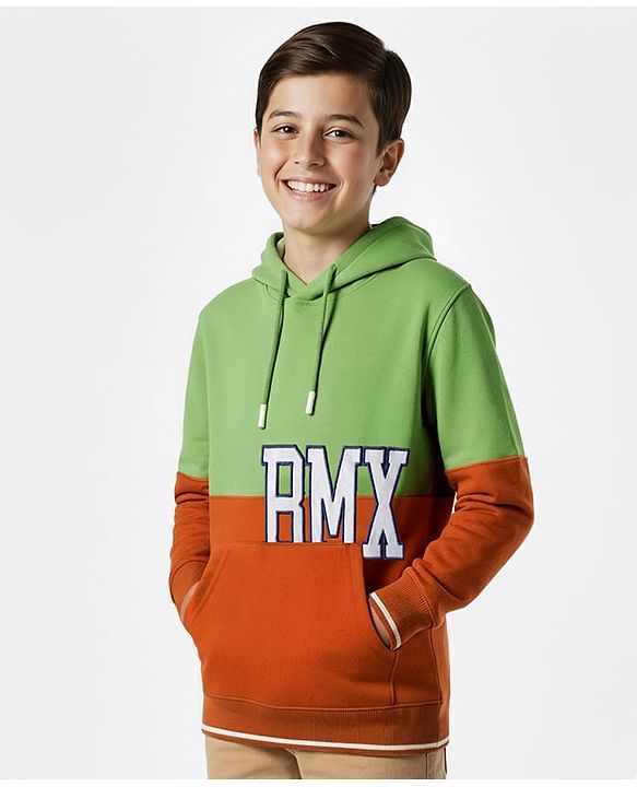 Pine Kids Cotton Knit Full Sleeves Hooded Sweatshirt With RMX Print & Kangaroo Pockets - Green & Rust