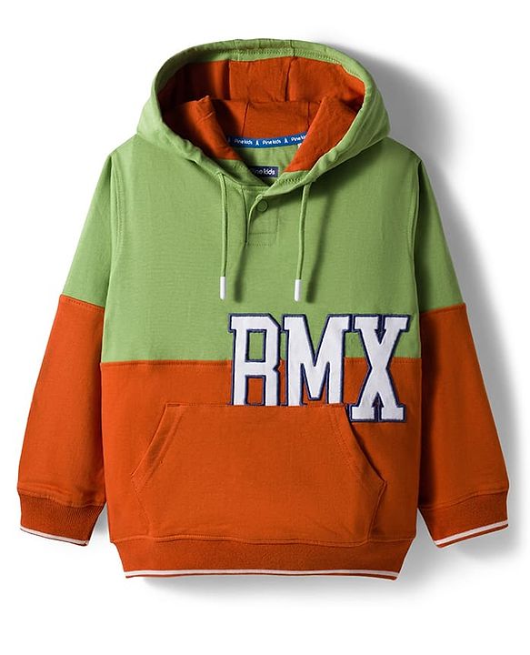 Pine Kids Cotton Knit Full Sleeves Hooded Sweatshirt With RMX Print & Kangaroo Pockets - Green & Rust