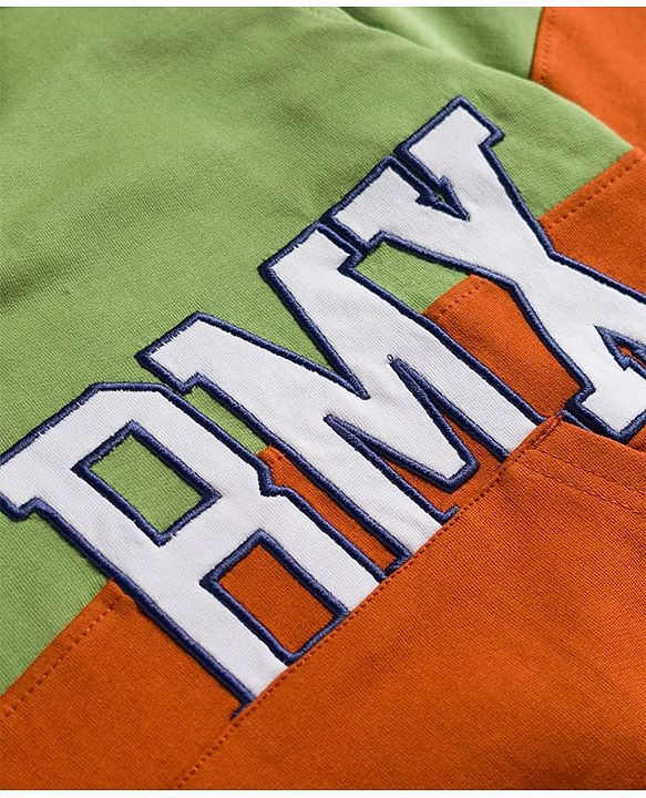 Pine Kids Cotton Knit Full Sleeves Hooded Sweatshirt With RMX Print & Kangaroo Pockets - Green & Rust