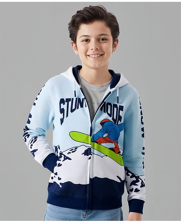 Pine Kids Cotton Knit Full Sleeves Hooded SweatJacket with Surfing Print - Light Blue