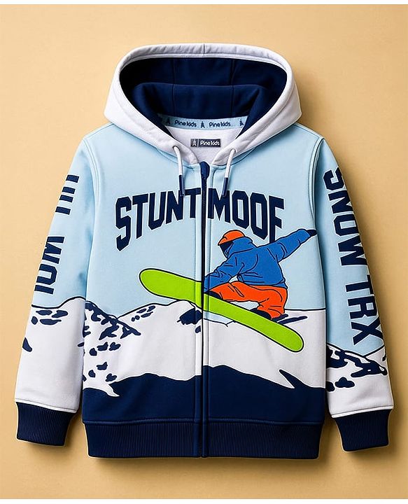 Pine Kids Cotton Knit Full Sleeves Hooded SweatJacket with Surfing Print - Light Blue