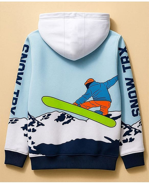 Pine Kids Cotton Knit Full Sleeves Hooded SweatJacket with Surfing Print - Light Blue
