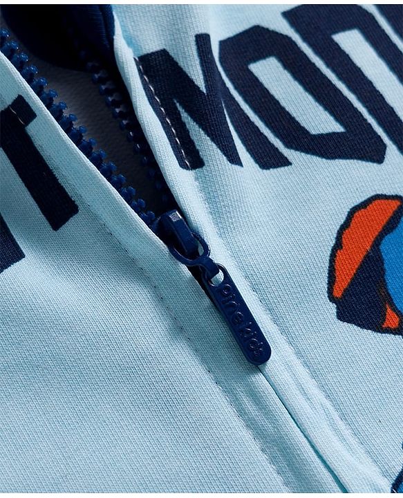 Pine Kids Cotton Knit Full Sleeves Hooded SweatJacket with Surfing Print - Light Blue