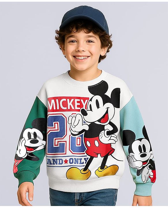 Pine Kids Disney Terry Knit Drop Shoulder Full Sleeves Sweatshirt With Mickey Mouse Graphics - Multicolor