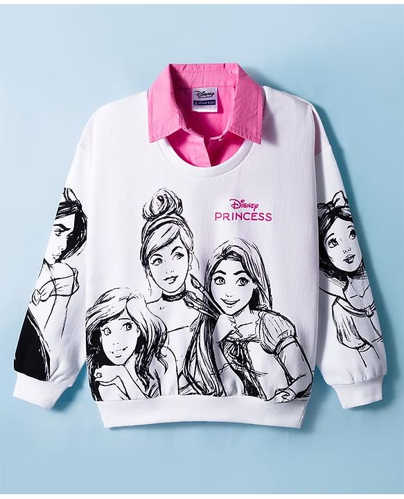 Pine Kids Disney Terry Knit Full Sleeves Collar Overlapped Pullover Sweatshirt with Disney Princess Graphics - White