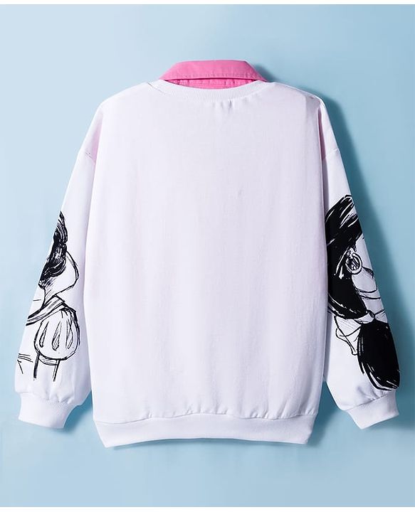 Pine Kids Disney Terry Knit Full Sleeves Collar Overlapped Pullover Sweatshirt with Disney Princess Graphics - White