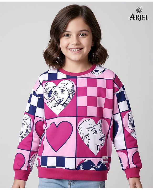 Pine Kids Disney Terry Knit Full Sleeves Sweatshirt With Disney Princess Print - Dark Pink (Design May Vary)