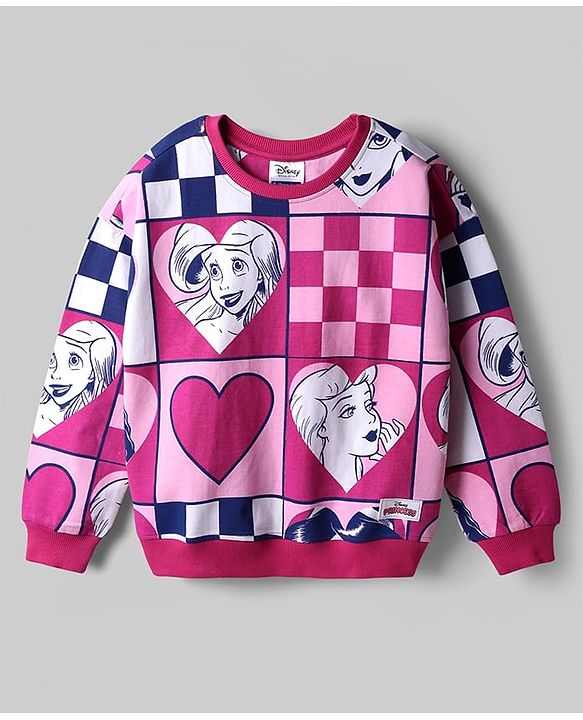 Pine Kids Disney Terry Knit Full Sleeves Sweatshirt With Disney Princess Print - Dark Pink (Design May Vary)