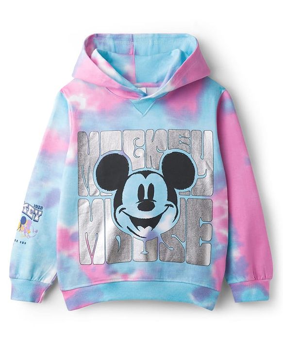 Pine Kids Disney Terry Knit Full Sleeves Tie & Dyed Hooded Sweatshirt With Mickey Mouse Graphics & Foil Print - Multicolour