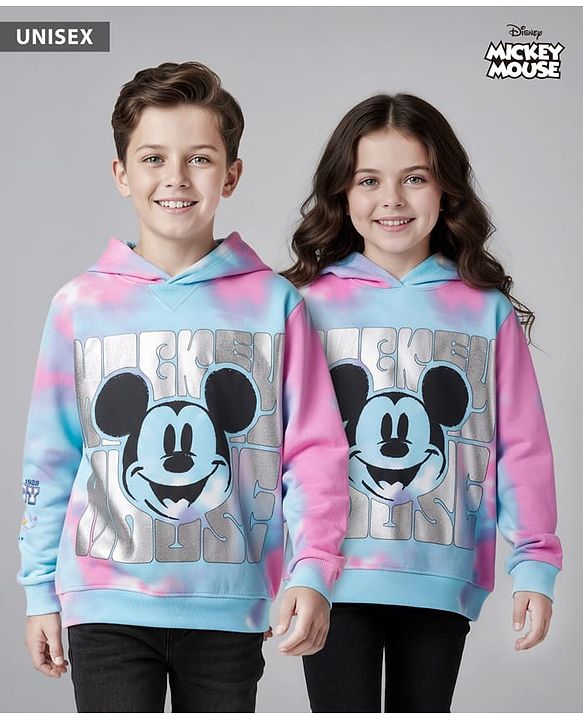 Pine Kids Disney Terry Knit Full Sleeves Tie & Dyed Hooded Sweatshirt With Mickey Mouse Graphics & Foil Print - Multicolour
