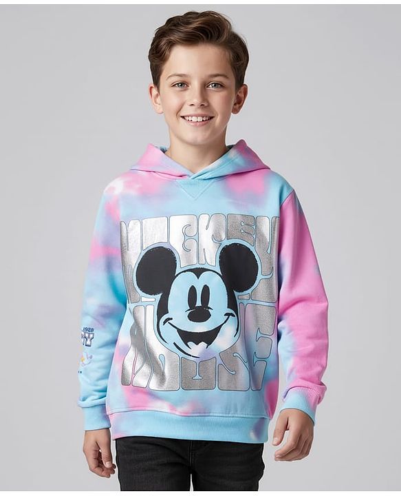 Pine Kids Disney Terry Knit Full Sleeves Tie & Dyed Hooded Sweatshirt With Mickey Mouse Graphics & Foil Print - Multicolour