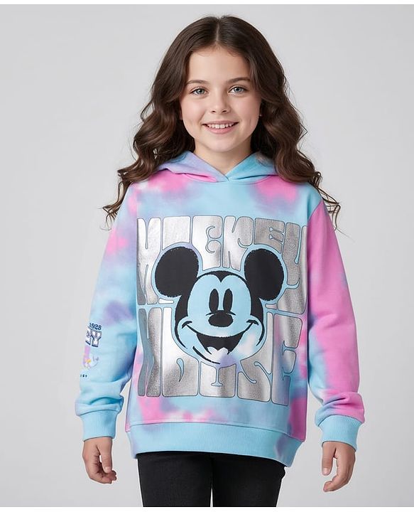 Pine Kids Disney Terry Knit Full Sleeves Tie & Dyed Hooded Sweatshirt With Mickey Mouse Graphics & Foil Print - Multicolour