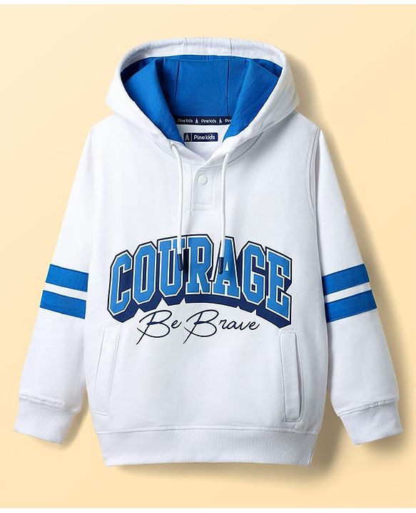 Pine Kids Cotton Knit Full Sleeves Hooded Sweatshirt With Text Print - White