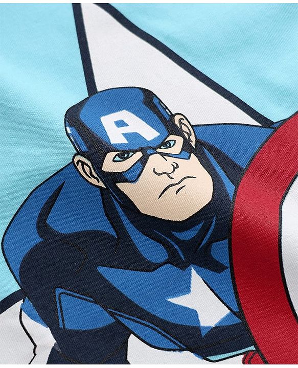 Pine Kids Marvel Single Jersey Knit Half Sleeves Night Suit with Captain America Graphics - Light Blue