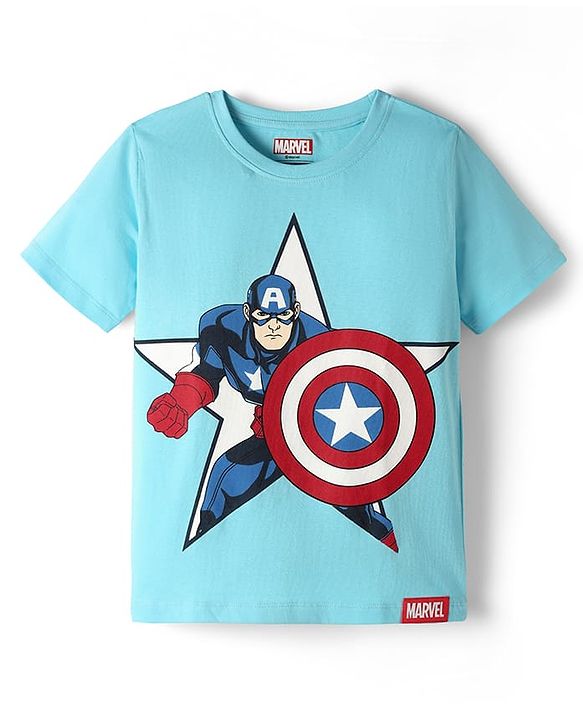 Pine Kids Marvel Single Jersey Knit Half Sleeves Night Suit with Captain America Graphics - Light Blue