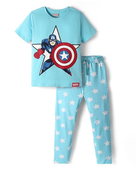 Pine Kids Marvel Single Jersey Knit Half Sleeves Night Suit with Captain America Graphics - Light Blue