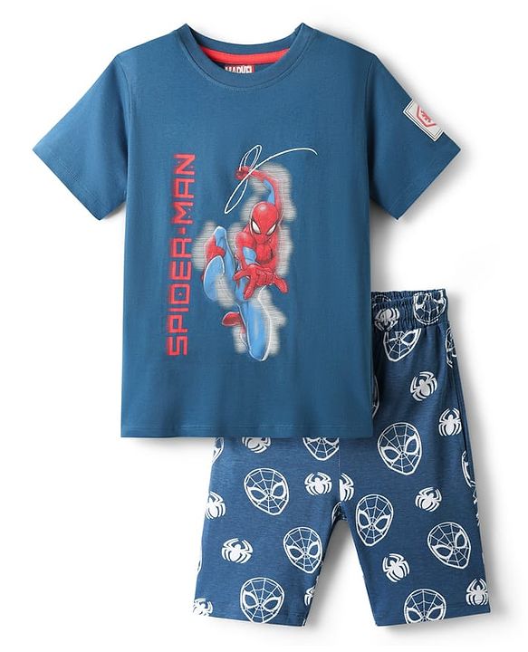 Pine Kids Marvel Single Jersey Knit Half Sleeves Shorts Night Suit with Spider Man Graphics - Navy Blue