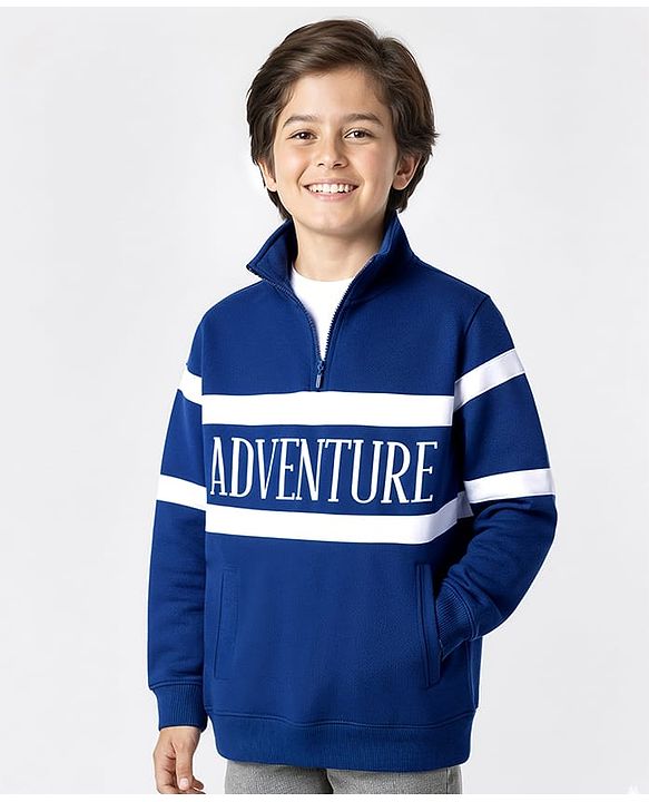 Pine Kids Cotton Knit Full Sleeves Cut & Sew Sweatshirt with Text Graphic & Kangaroo Pocket - Blue