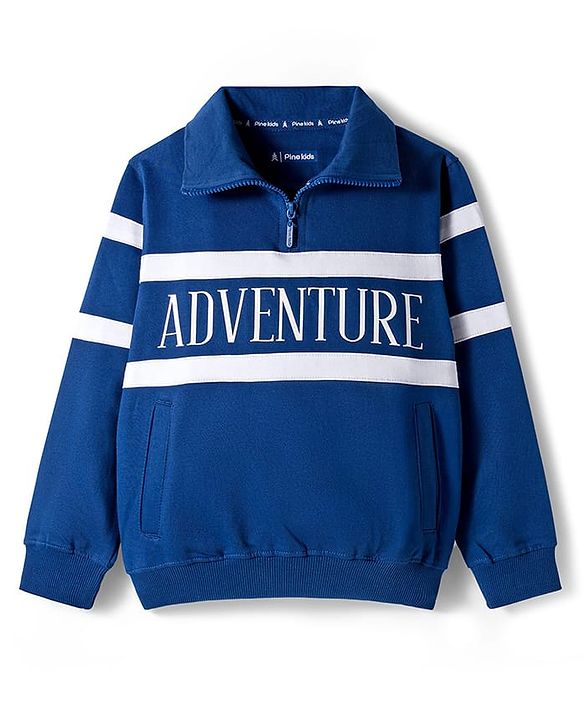 Pine Kids Cotton Knit Full Sleeves Cut & Sew Sweatshirt with Text Graphic & Kangaroo Pocket - Blue