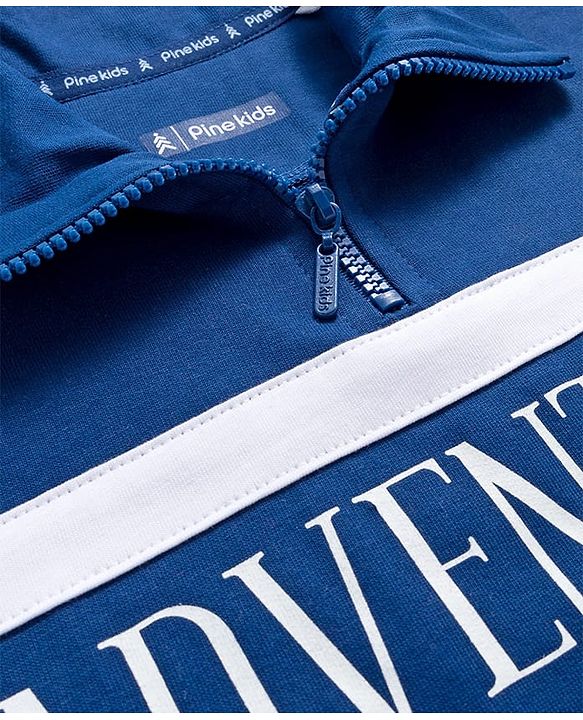 Pine Kids Cotton Knit Full Sleeves Cut & Sew Sweatshirt with Text Graphic & Kangaroo Pocket - Blue