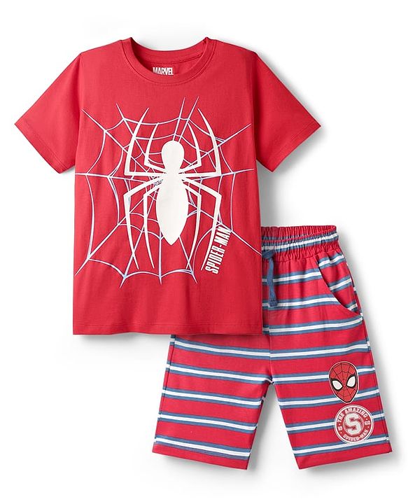 Pine Kids Marvel 100% Cotton Half Sleeves Shorts Night Suit With Spider Man Graphics - Red