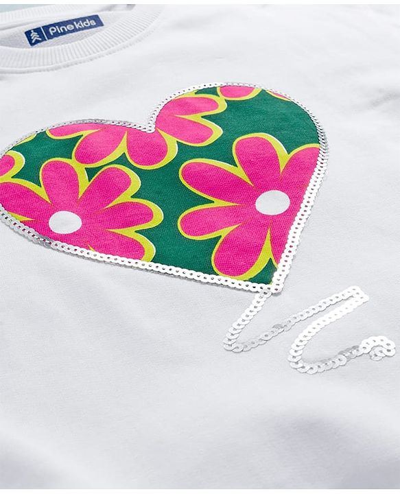 Pine Kids Cotton Kit Full Sleeves Sweatshirt with Floral Print & Sequin Detailing - White