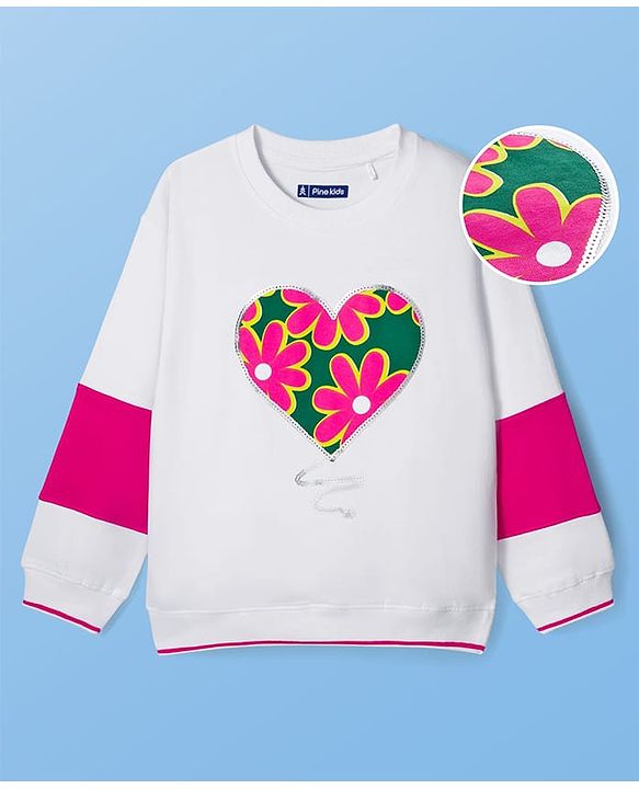 Pine Kids Cotton Kit Full Sleeves Sweatshirt with Floral Print & Sequin Detailing - White