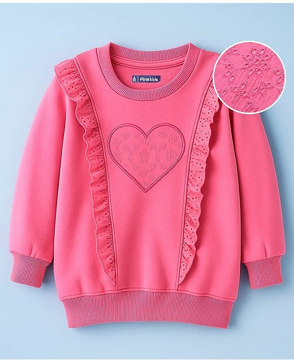 Pine Kids Cotton Knit Full Sleeves Sweatshirt with Heart Embroidery & Frill Detailing - Pink
