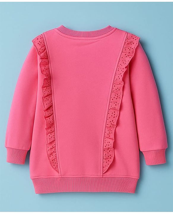 Pine Kids Cotton Knit Full Sleeves Sweatshirt with Heart Embroidery & Frill Detailing - Pink
