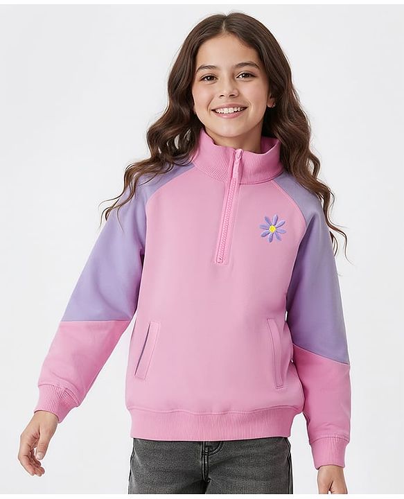 Pine Kids Cotton Knit Full Raglan Sleeves Sweatshirt With Floral Embroidery - Pink