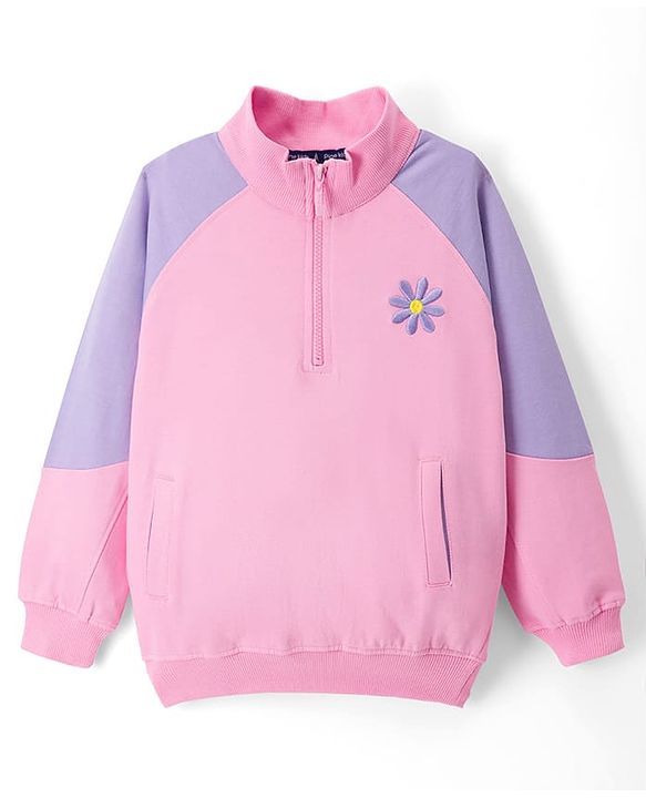 Pine Kids Cotton Knit Full Raglan Sleeves Sweatshirt With Floral Embroidery - Pink