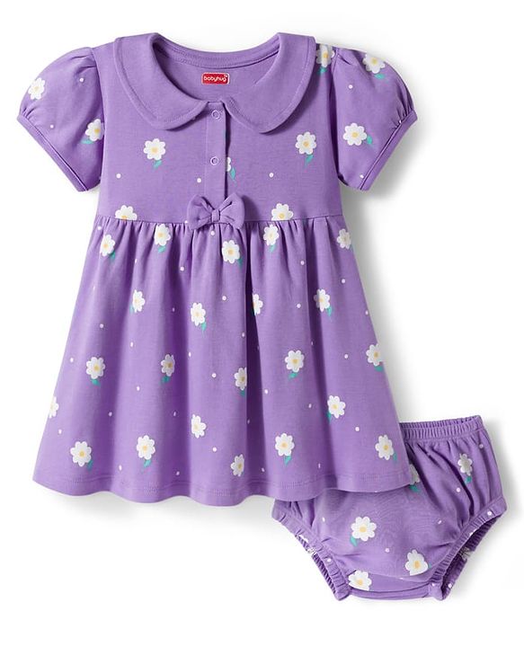 Babyhug Single Jersey Knit Half Sleeves Frock With Bloomers With Floral Print - Lavender