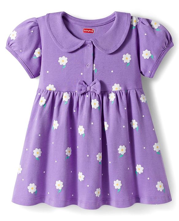 Babyhug Single Jersey Knit Half Sleeves Frock With Bloomers With Floral Print - Lavender