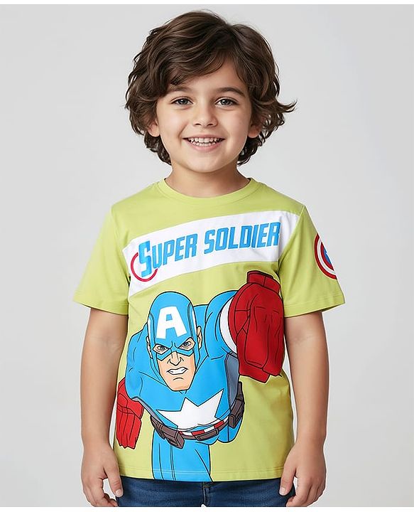 Pine Kids Marvel Single Jersey Knit Half Sleeves Cut & Sew T-Shirt With Captain America Graphics - Green