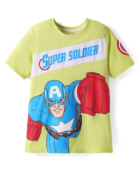 Pine Kids Marvel Single Jersey Knit Half Sleeves Cut & Sew T-Shirt With Captain America Graphics - Green