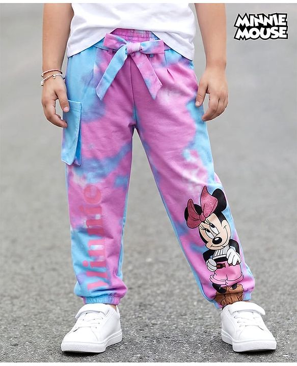 Pine Kids Disney Terry Knit Full Length Track Pant with Fabric Belt Minnie Mouse Graphic & Tie and Dye Detailing - Pink & Light Blue