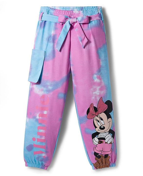 Pine Kids Disney Terry Knit Full Length Track Pant with Fabric Belt Minnie Mouse Graphic & Tie and Dye Detailing - Pink & Light Blue