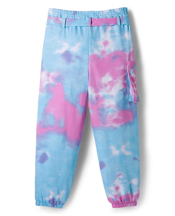 Pine Kids Disney Terry Knit Full Length Track Pant with Fabric Belt Minnie Mouse Graphic & Tie and Dye Detailing - Pink & Light Blue