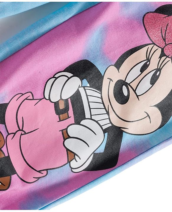 Pine Kids Disney Terry Knit Full Length Track Pant with Fabric Belt Minnie Mouse Graphic & Tie and Dye Detailing - Pink & Light Blue