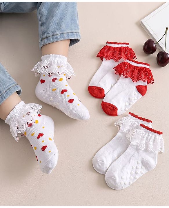 Cute Walk by Babyhug Knit Anti Bacterial Ankle Length Anti Skid Frill Socks Pack of 3 - White & Red