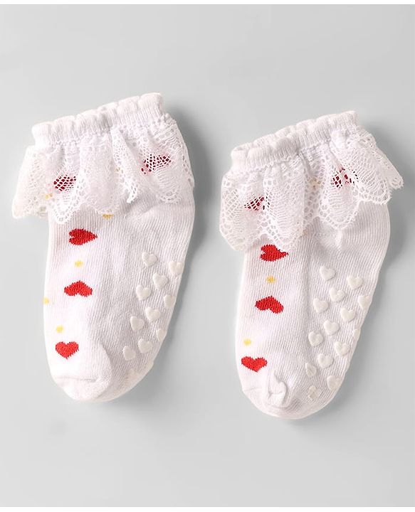 Cute Walk by Babyhug Knit Anti Bacterial Ankle Length Anti Skid Frill Socks Pack of 3 - White & Red