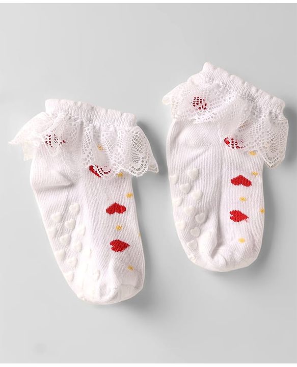 Cute Walk by Babyhug Knit Anti Bacterial Ankle Length Anti Skid Frill Socks Pack of 3 - White & Red