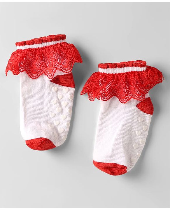 Cute Walk by Babyhug Knit Anti Bacterial Ankle Length Anti Skid Frill Socks Pack of 3 - White & Red