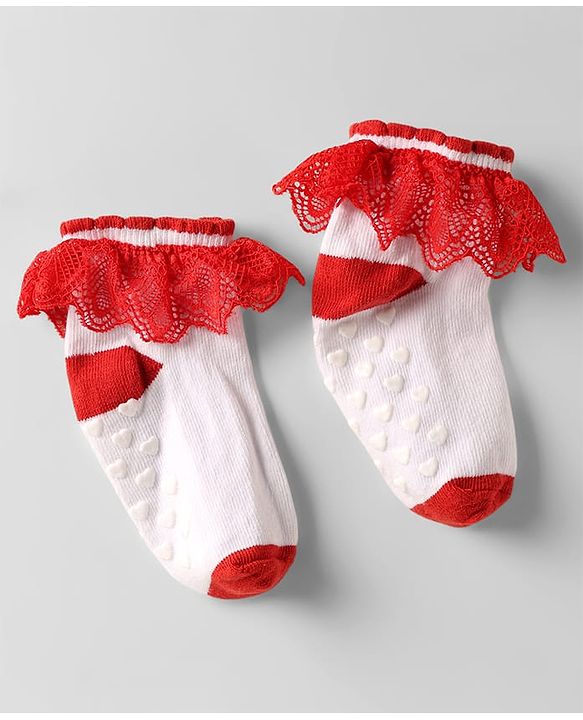 Cute Walk by Babyhug Knit Anti Bacterial Ankle Length Anti Skid Frill Socks Pack of 3 - White & Red