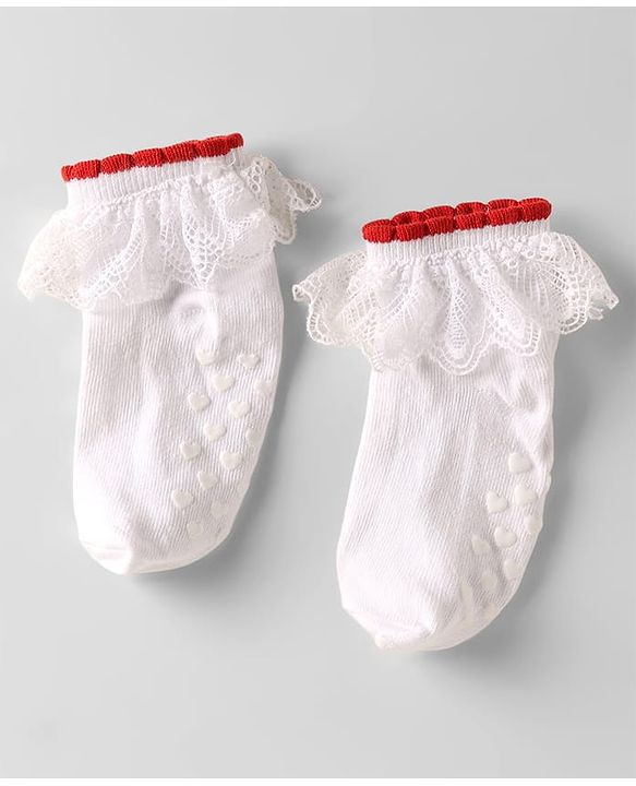 Cute Walk by Babyhug Knit Anti Bacterial Ankle Length Anti Skid Frill Socks Pack of 3 - White & Red